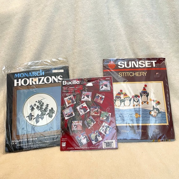 Penguin Crewel & Christmas Ornaments Cross Stitch - Monarch Bucilla Sunset - Picture 1 of 7
